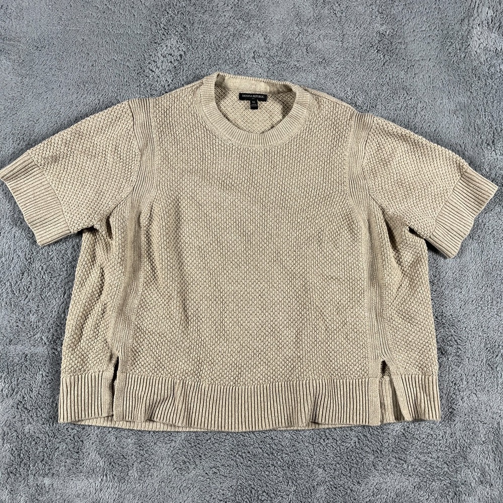 Banana Republic Sweater Womens XL Tan Short Sleeve Textured Crew Neck Pullover